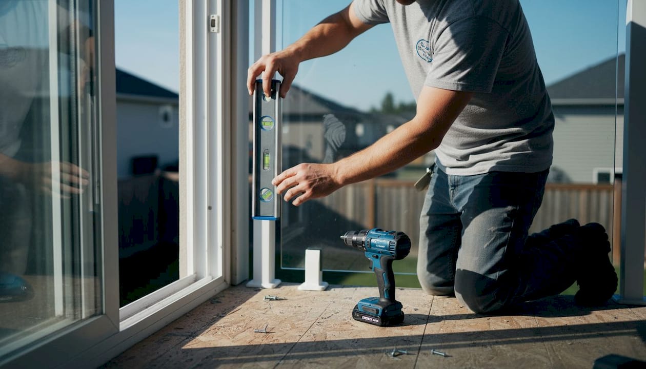 Installer fixing misaligned glass railing post