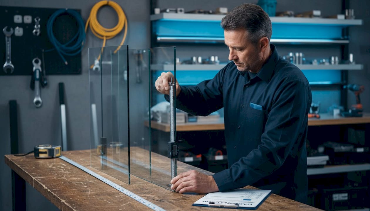 Contractor comparing glass thickness in workshop