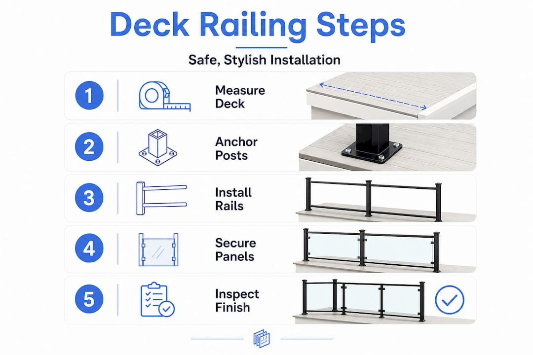 Infographic showing five steps of deck railing install