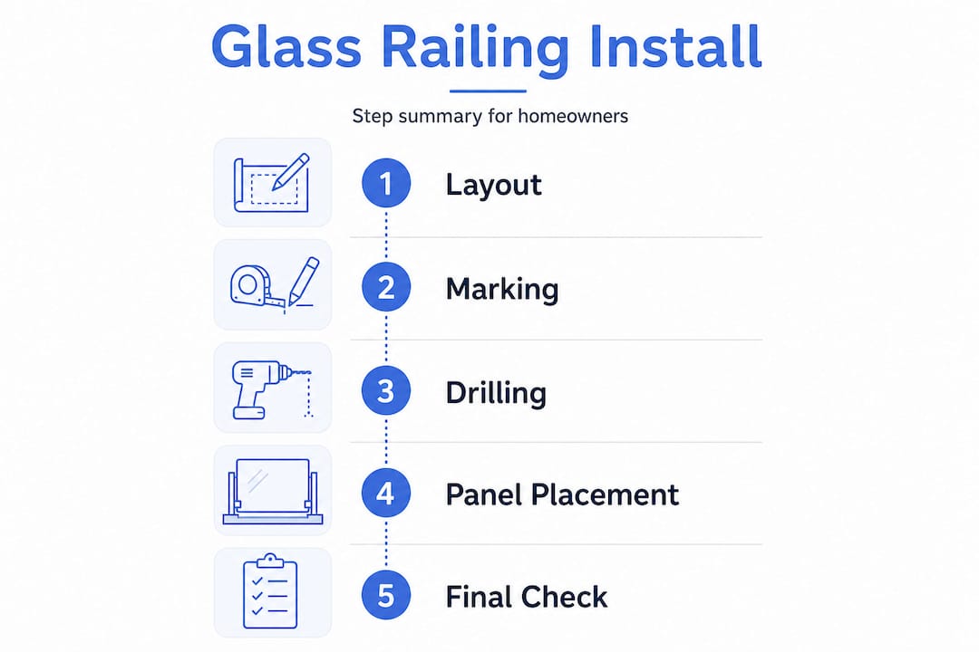 Infographic showing installation steps for glass stair railings