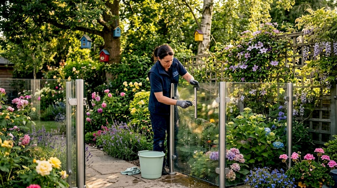 Cleaning outdoor glass fence by backyard patio