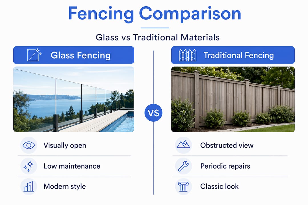 Infographic comparing glass and traditional fencing features