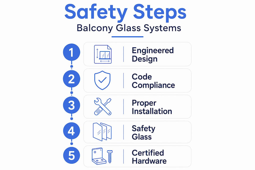 Vertical checklist infographic of balcony glass safety steps