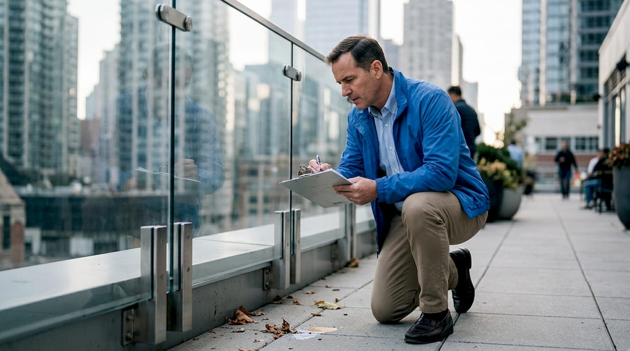 Inspector checking glass railing installation