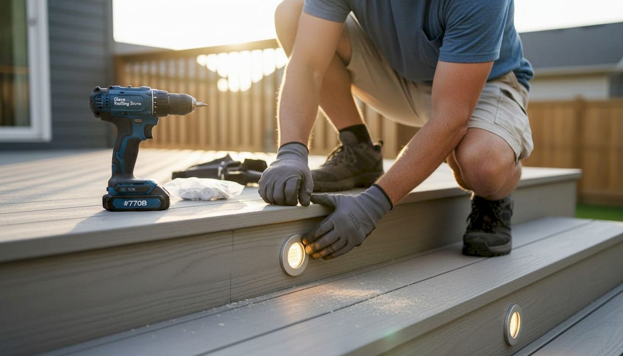 Contractor installing recessed deck light