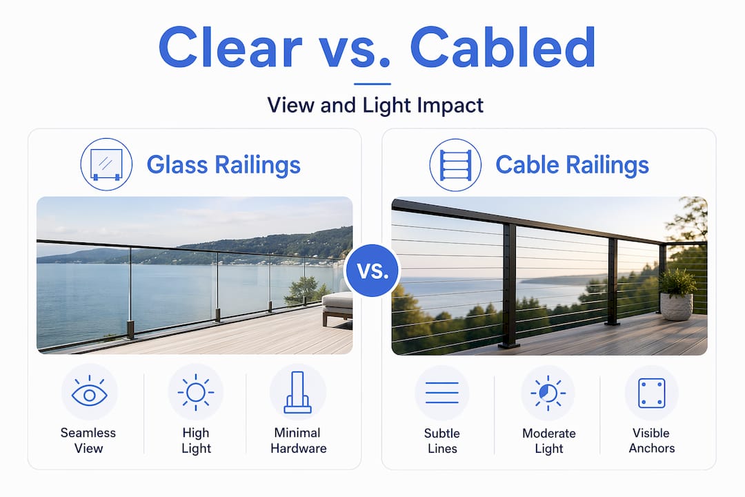 Glass versus cable railing feature comparison infographic