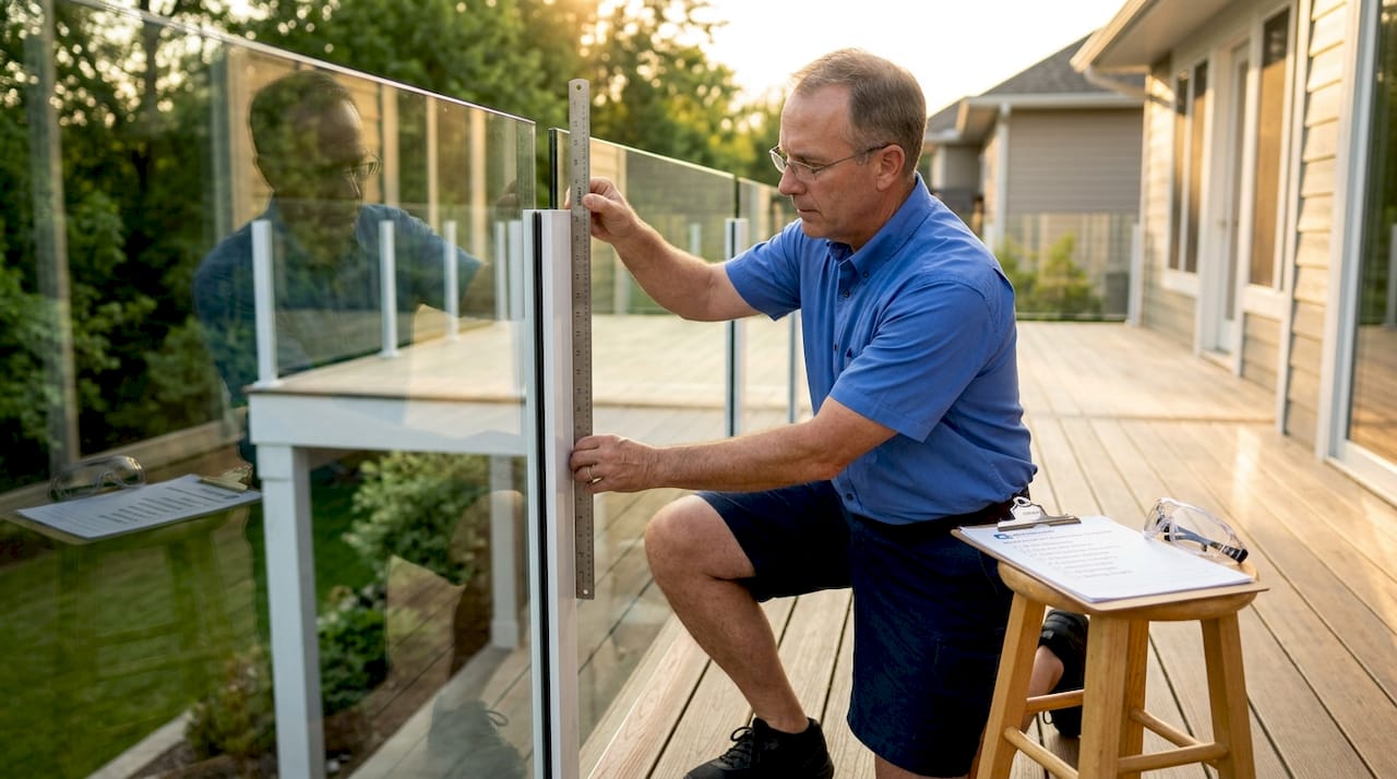Inspector measuring deck railing post spacing