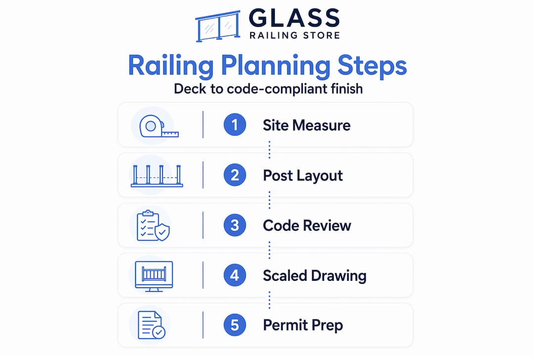 Infographic showing railing planning steps from measurement to permit
