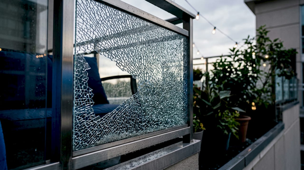 Broken tempered glass panel detail outdoors