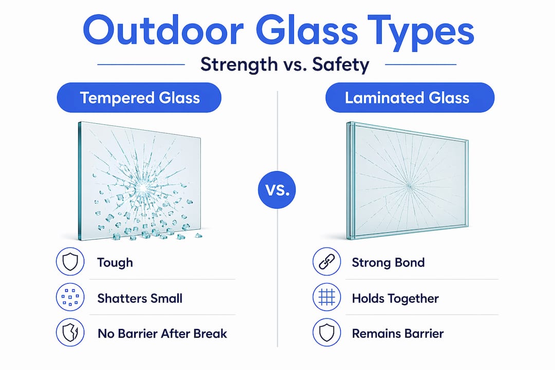 Infographic comparing laminated and tempered glass for outdoor safety