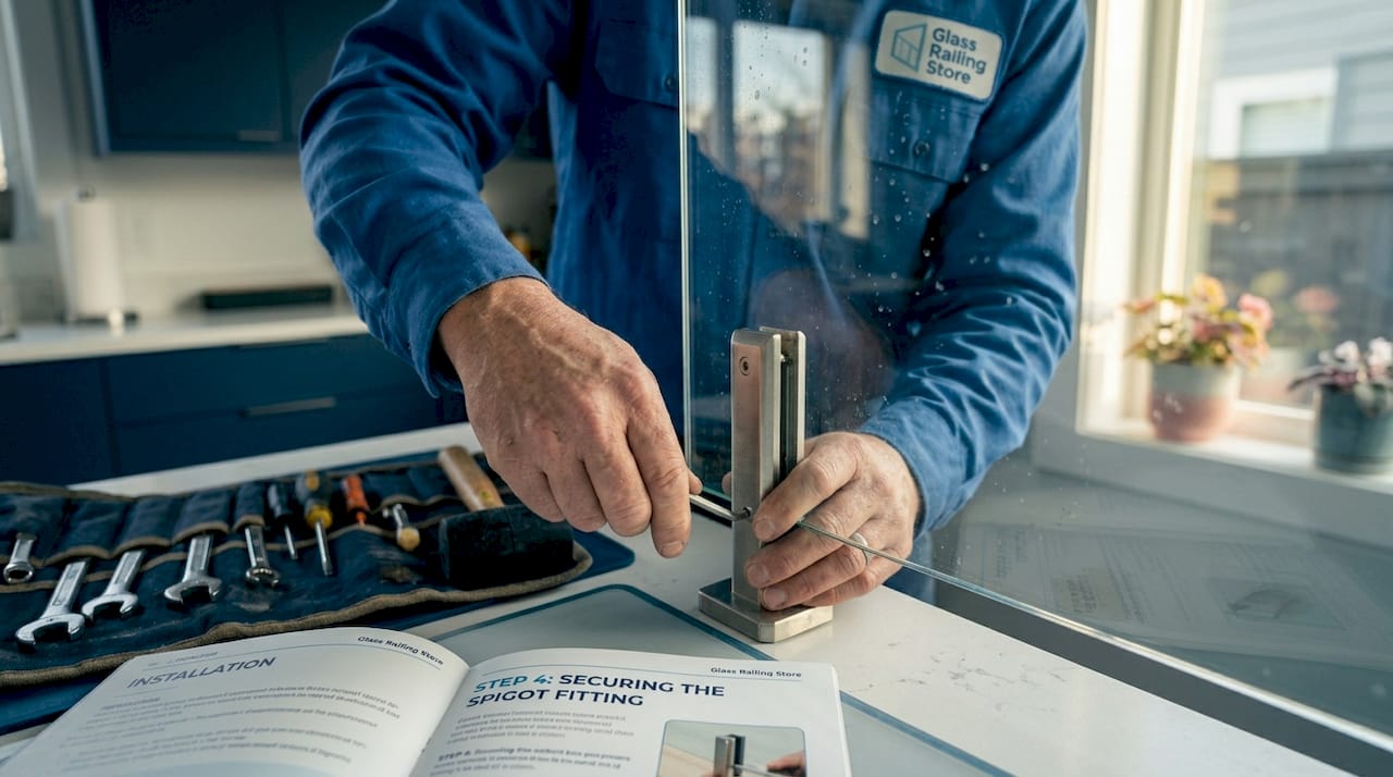 Technician adjusting glass stair railing hardware
