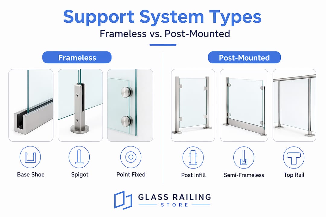 Infographic comparing glass railing support types