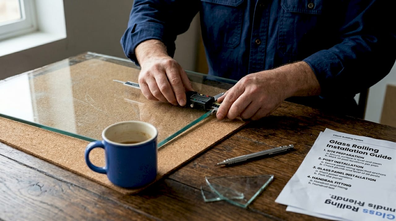 Hands measuring glass thickness with caliper
