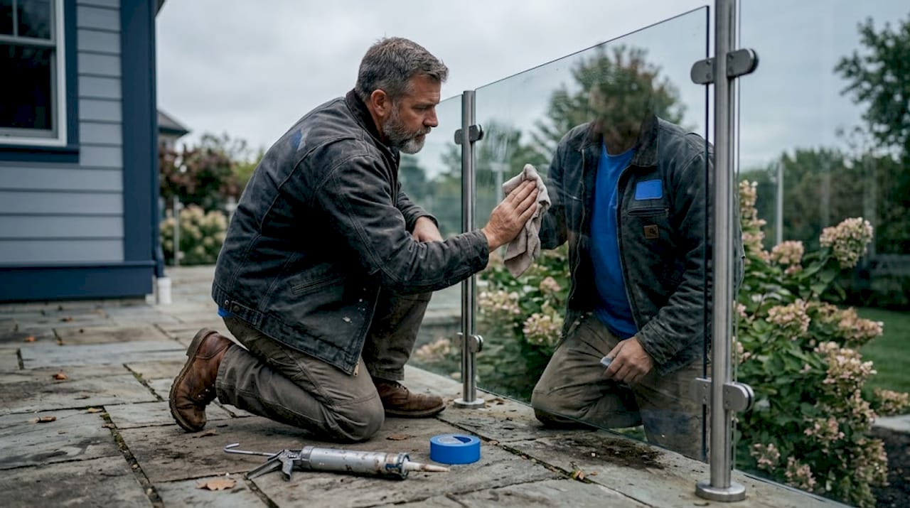 Contractor cleaning installed glass railing panel
