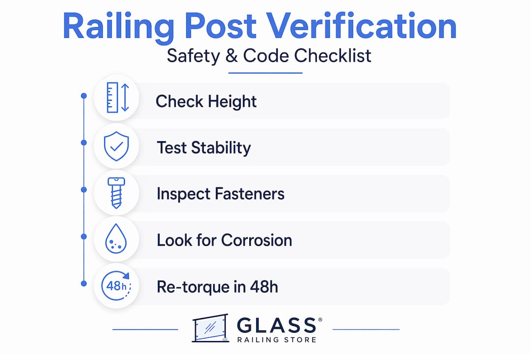 Infographic showing glass railing post verification steps