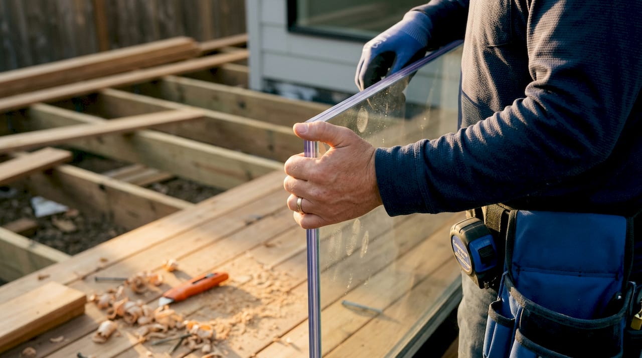 Hand holds thick laminated glass for railing