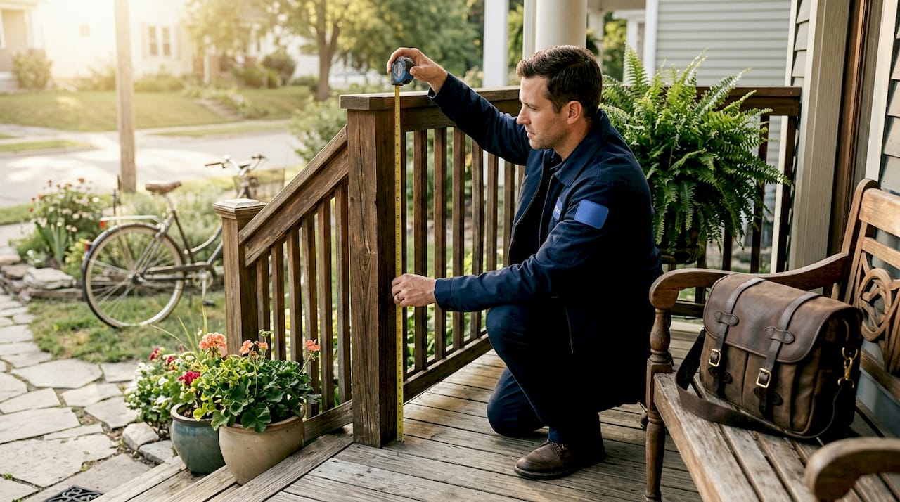 Inspector measuring residential porch railing height