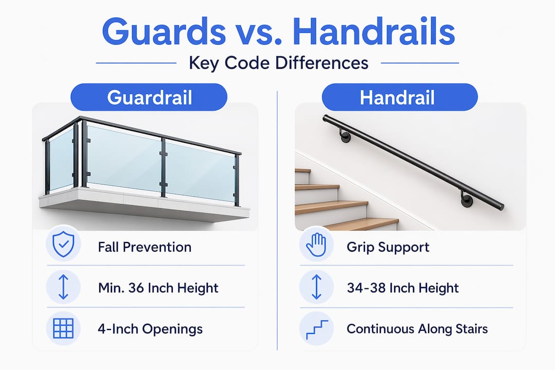 Side-by-side infographic comparing guards and handrails