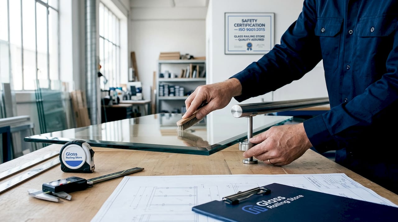 Hands inspecting quality glass and metal railing materials