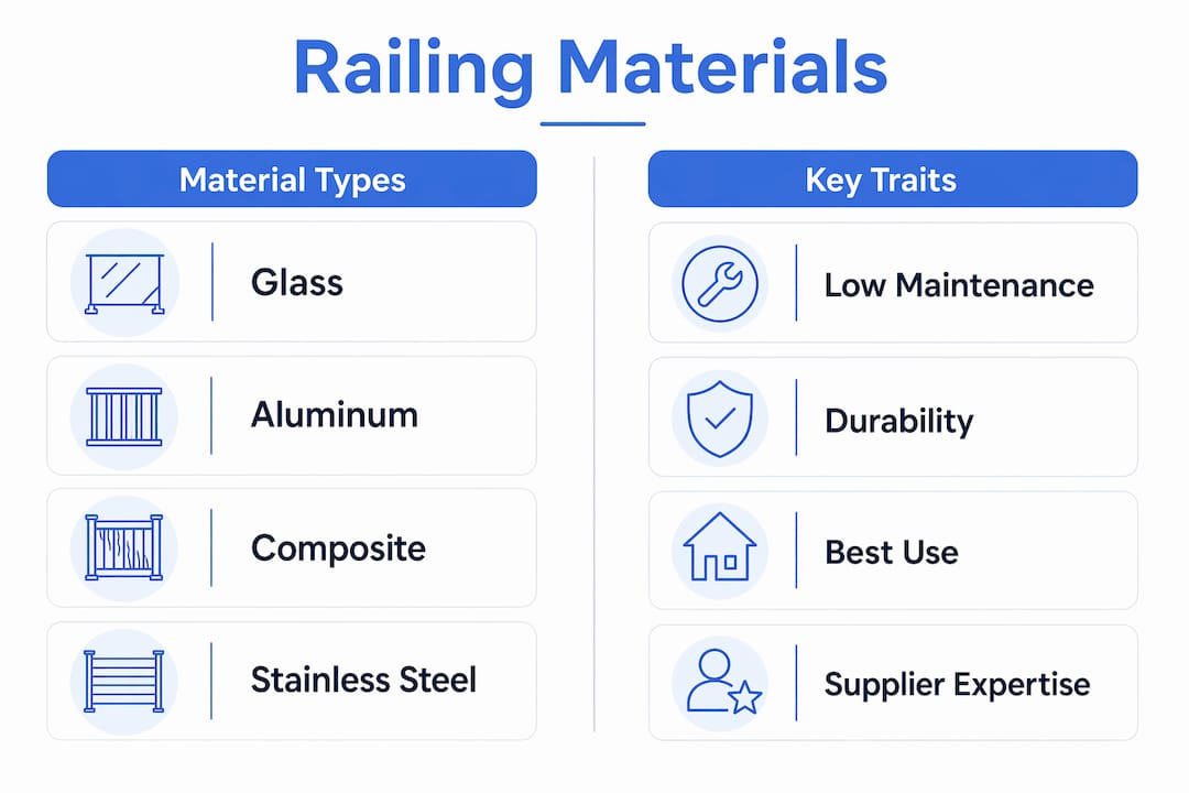 Infographic comparing railing materials and key traits