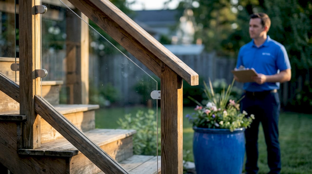 Timber handrail and glass railing detail outdoors