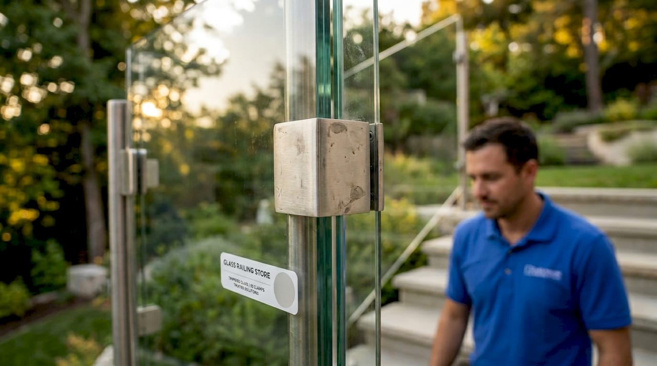 Close-up of tempered glass balustrade with metal clamps