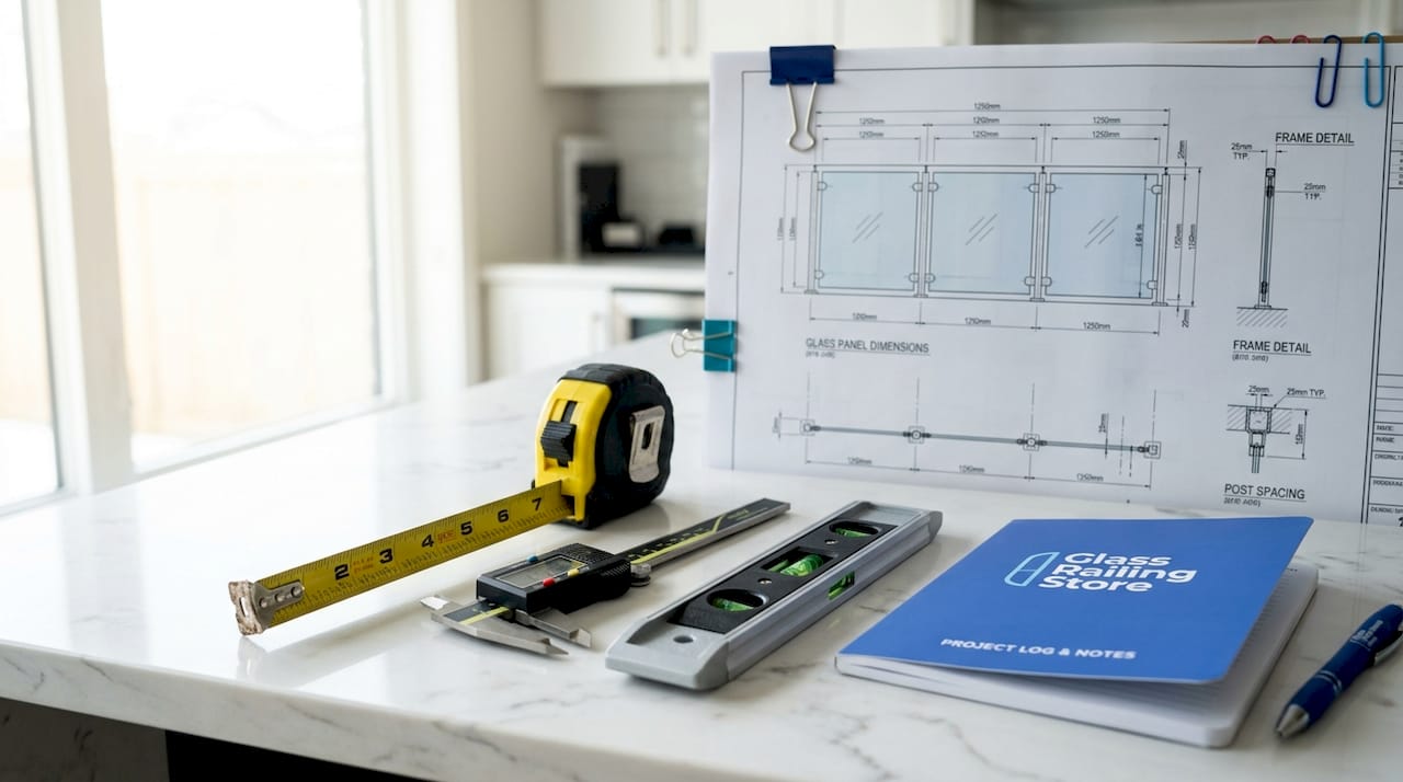 Measurement tools on table with glass panel plans
