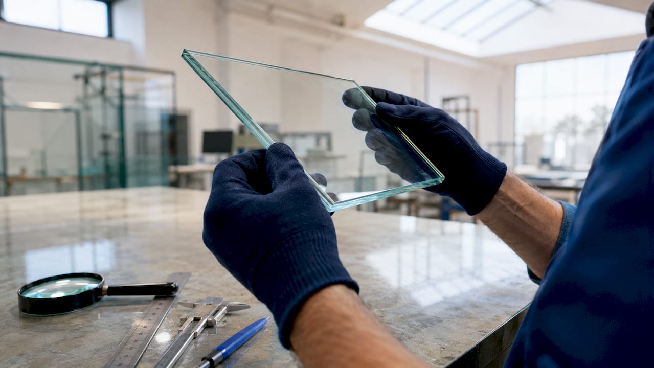 Hands holding laminated glass with UV interlayer close-up