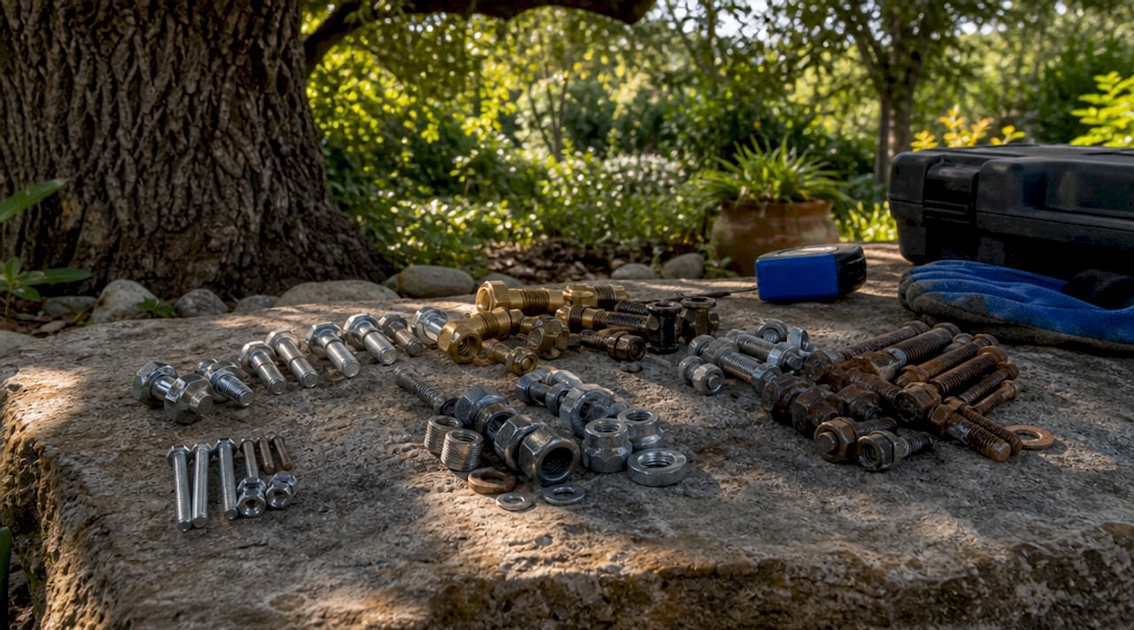 Close-up comparison of outdoor hardware materials on table