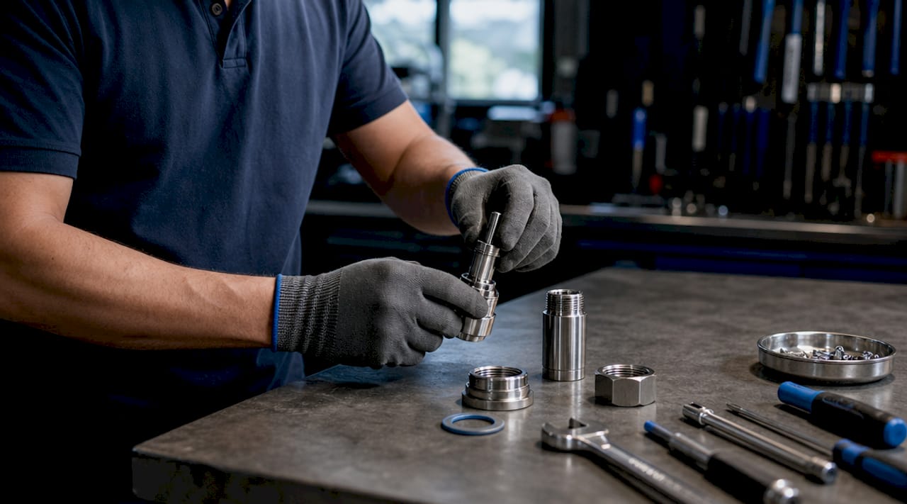 Hands assembling spigot parts on workbench