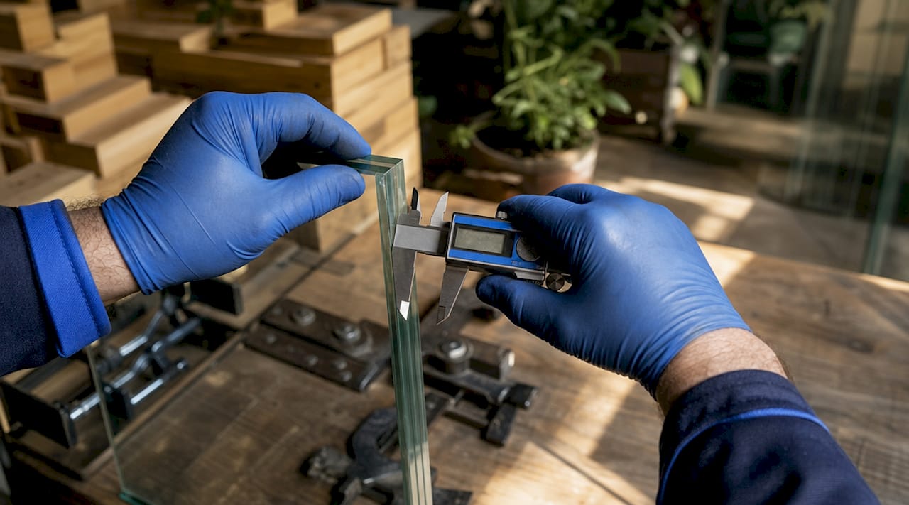 Hands measuring laminated tempered glass thickness