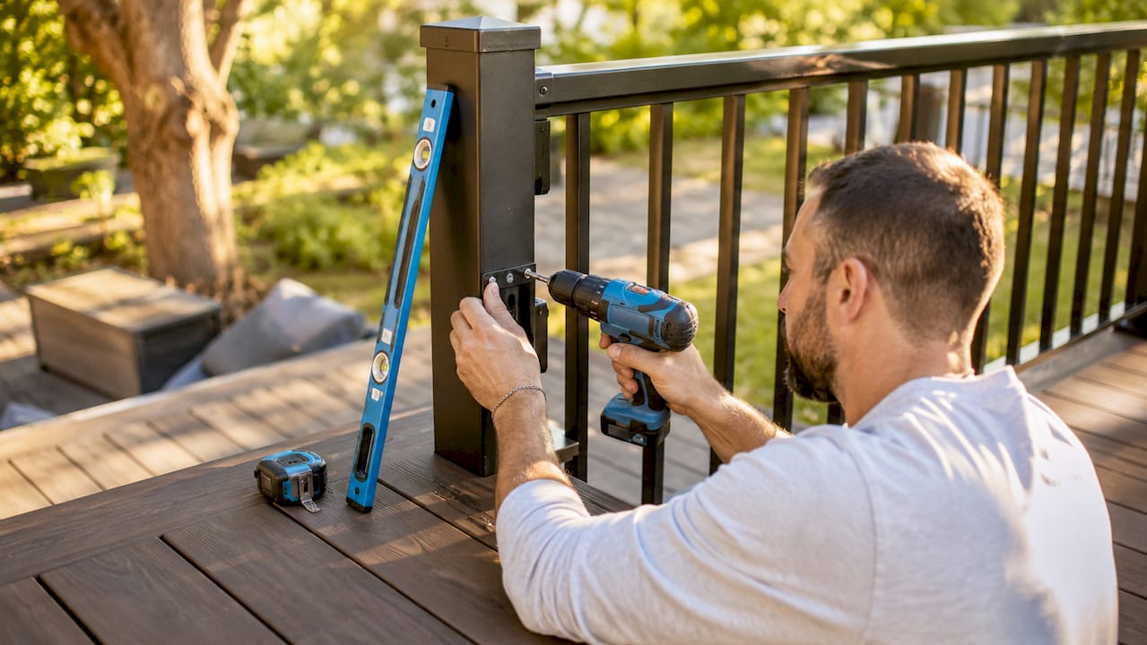 Detailed hands fasten stair railing corner with drill