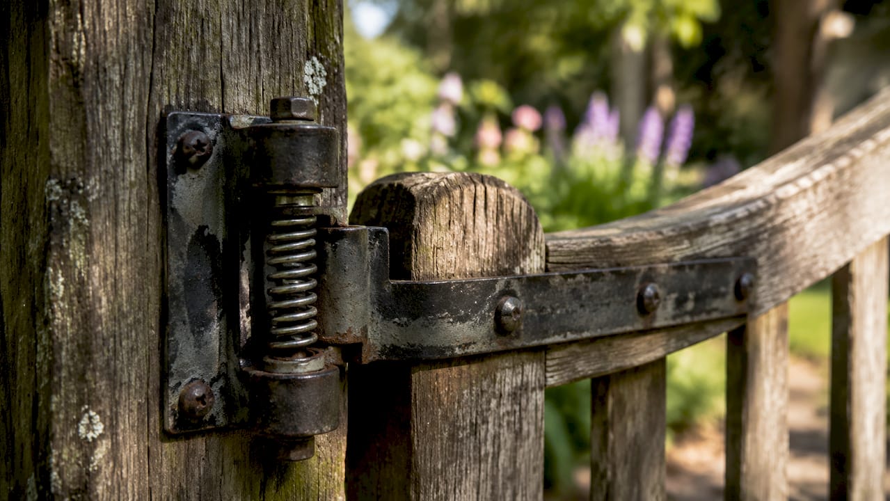 Close-up of spring-loaded gate hinge outdoors
