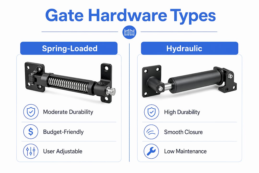Infographic comparing spring-loaded and hydraulic gate hardware