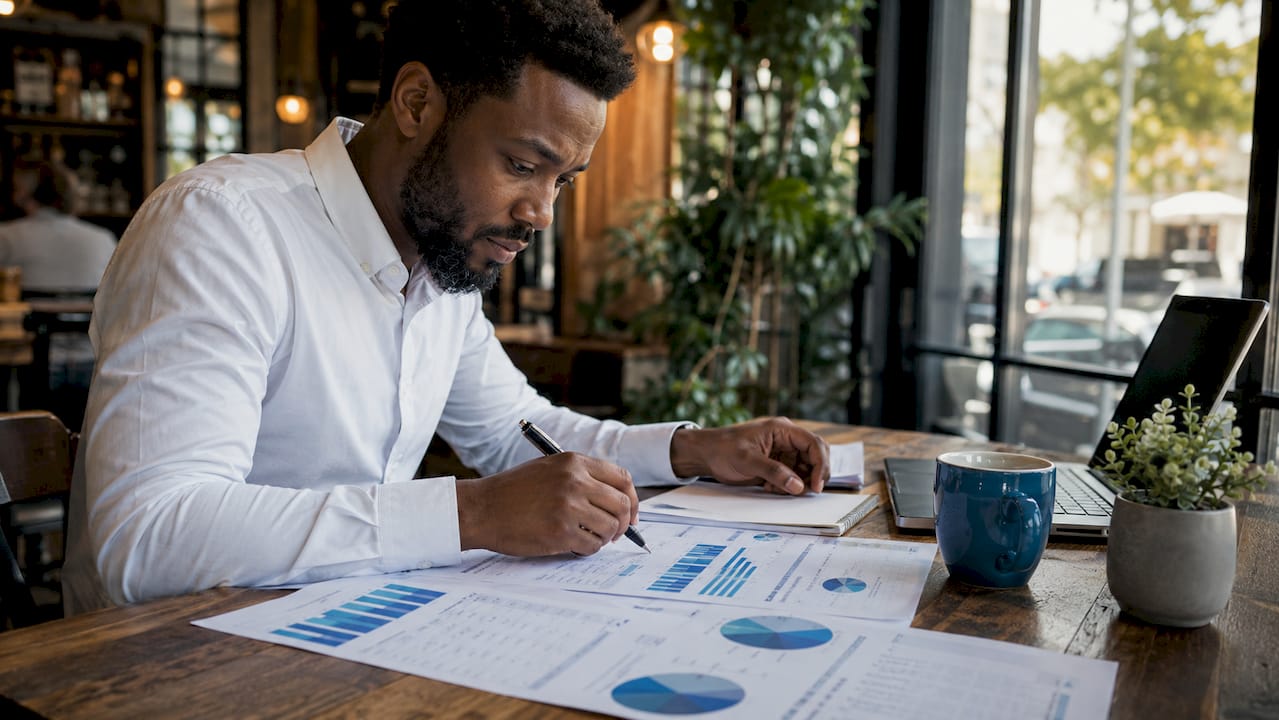 Hands pointing at cost comparison charts on desk