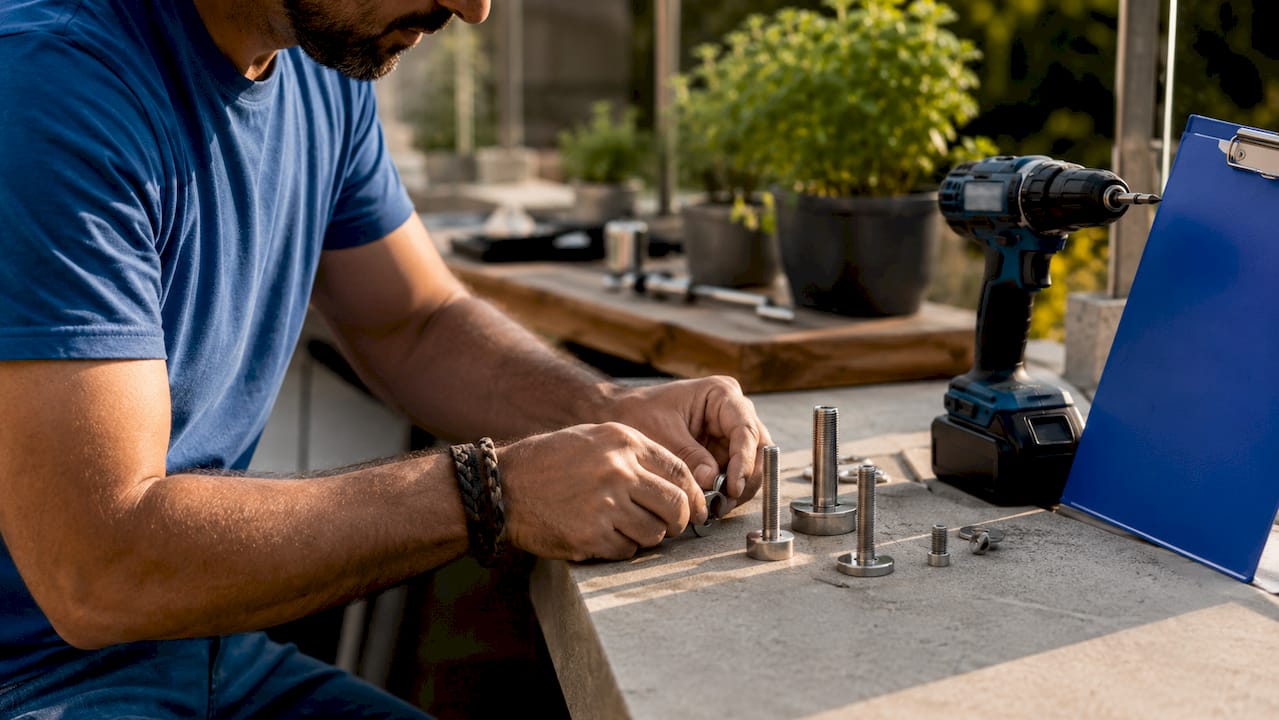 Close-up of hardware and hands on wooden deck