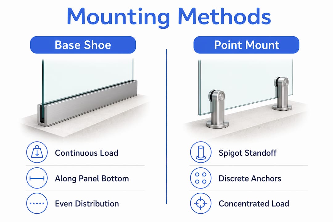 Infographic comparing glass railing mounting methods