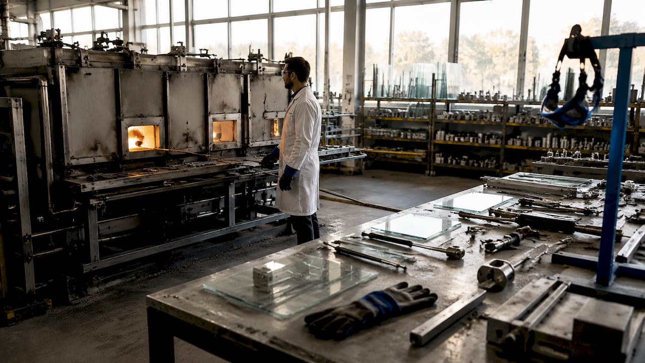 Technician handling tempered glass furnace