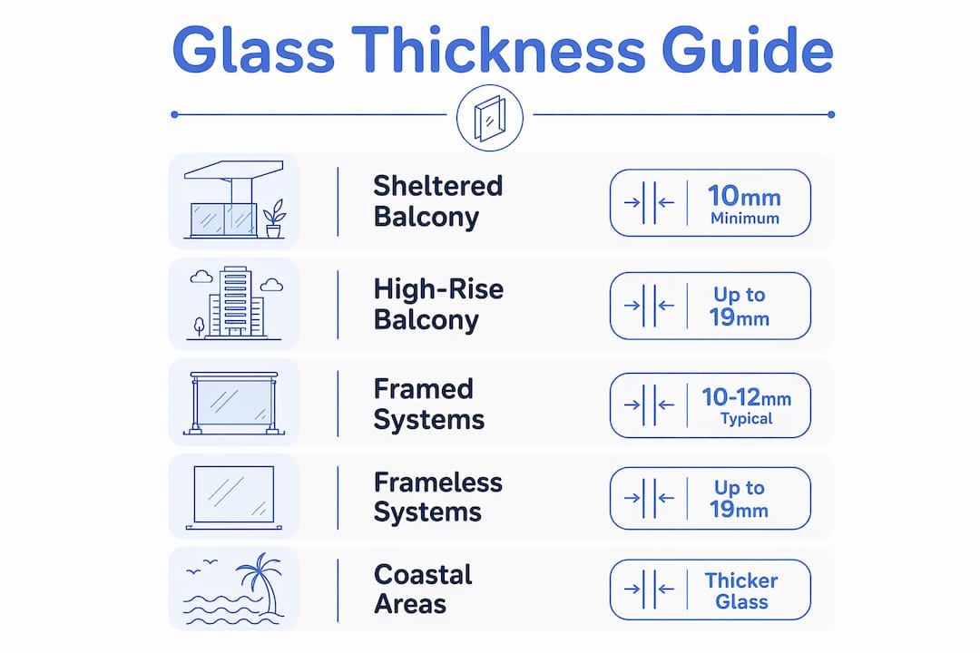 Infographic outlining recommended balcony glass thickness