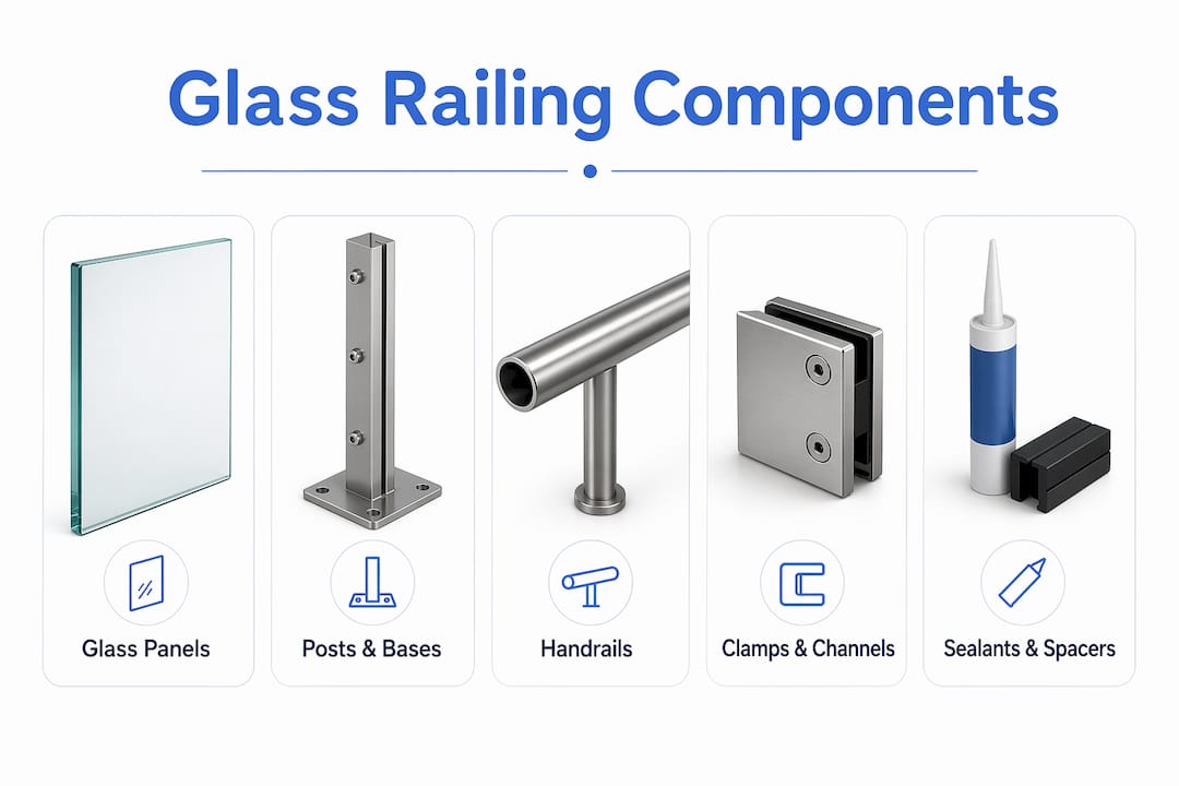 Infographic showing hierarchy of glass railing components