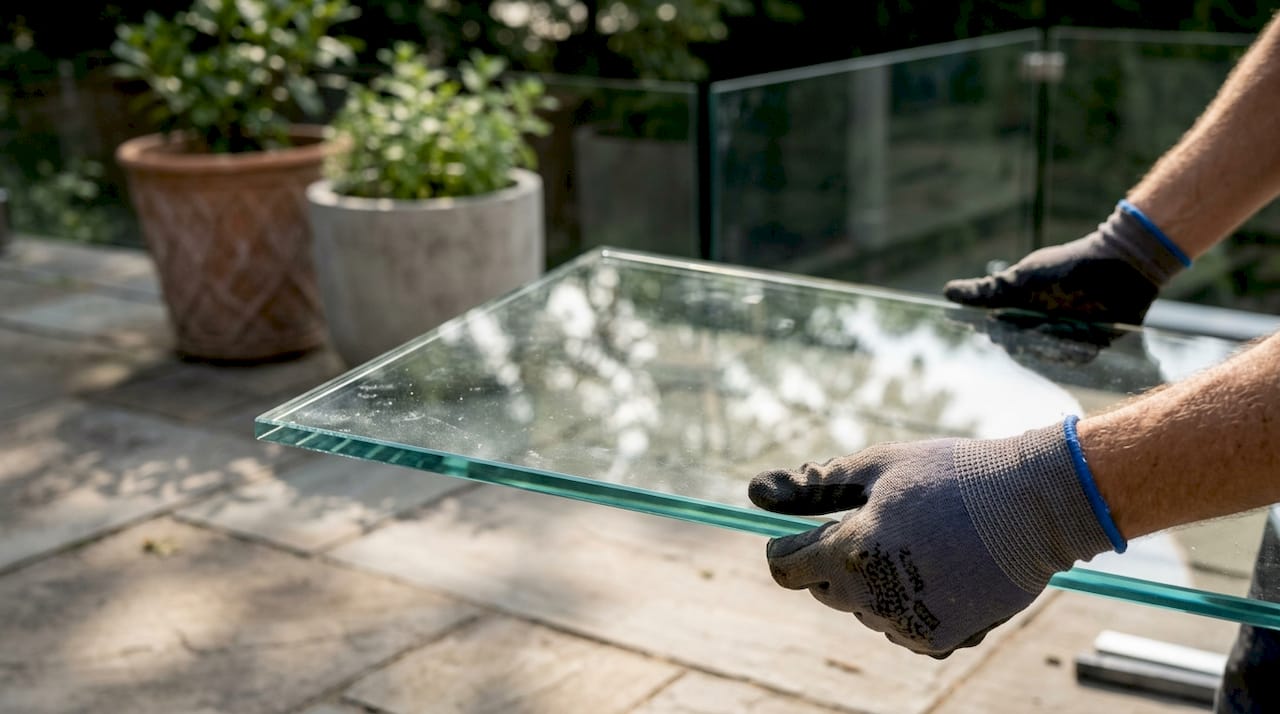 Gloved hands holding tempered glass panel