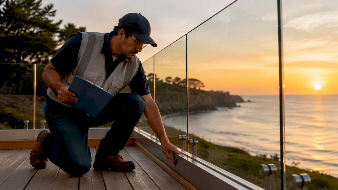 Engineer inspecting glass railing installation on site