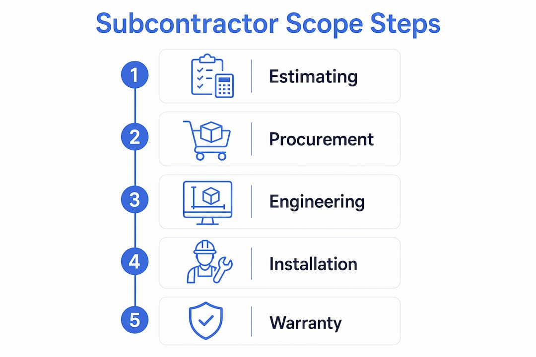 Infographic illustrating glass railing subcontractor scope steps