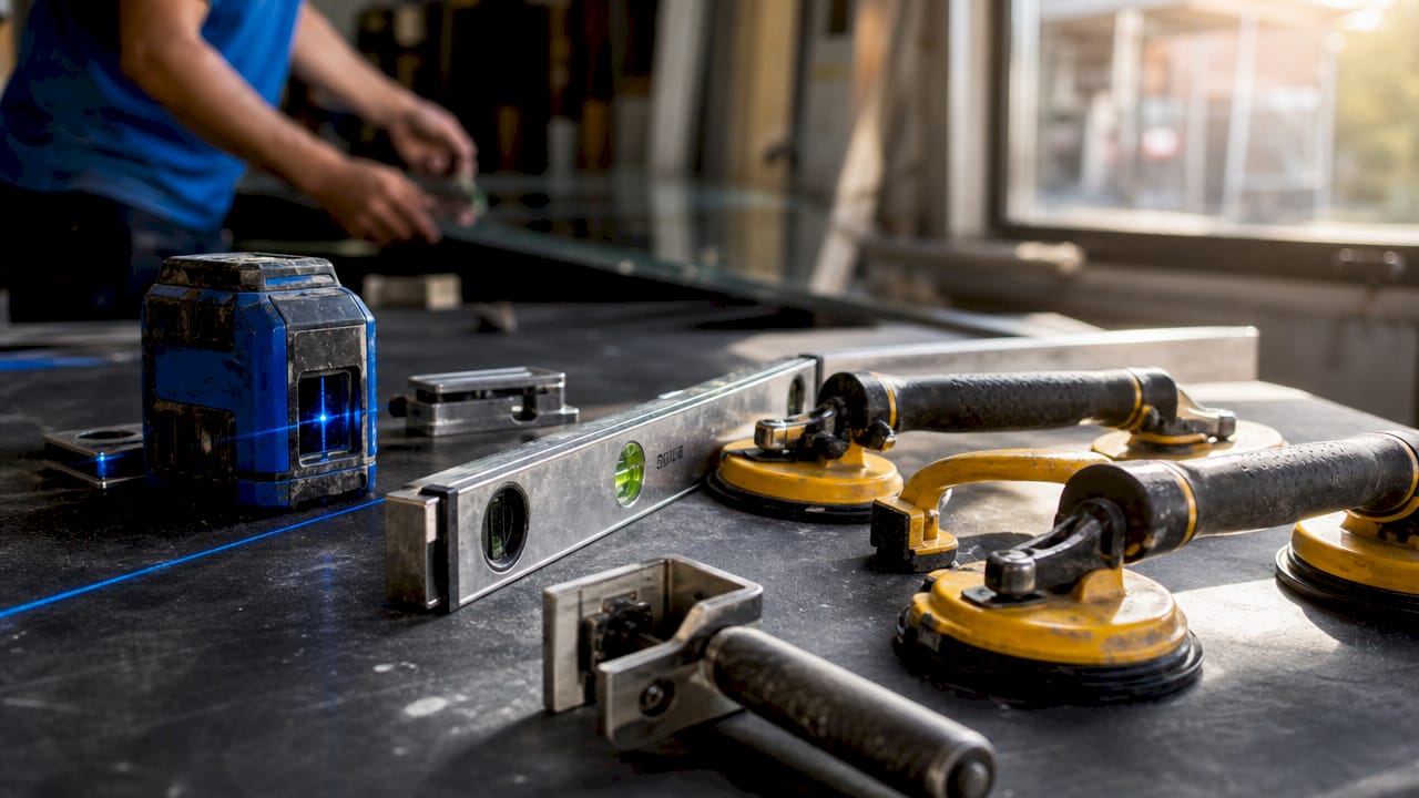Close-up of tools for glass railing installation