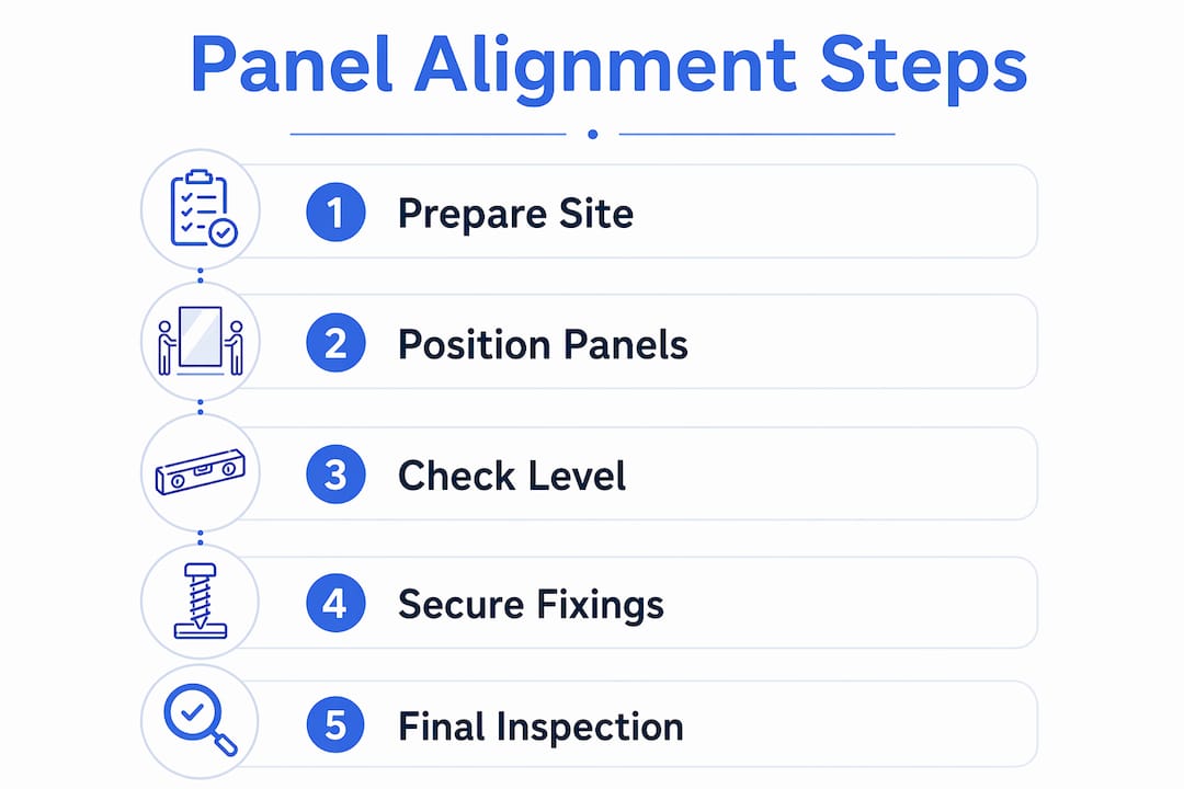 Step-by-step infographic on aligning glass railing panels