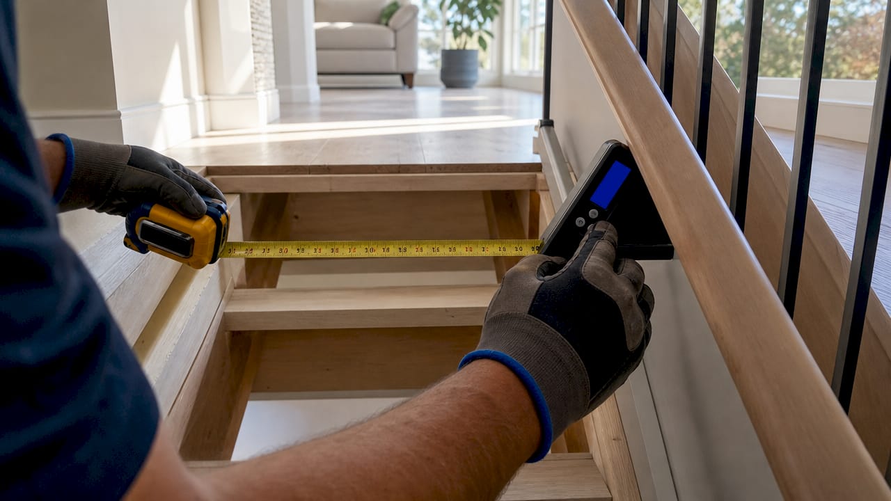Hands measuring stair gap and angle