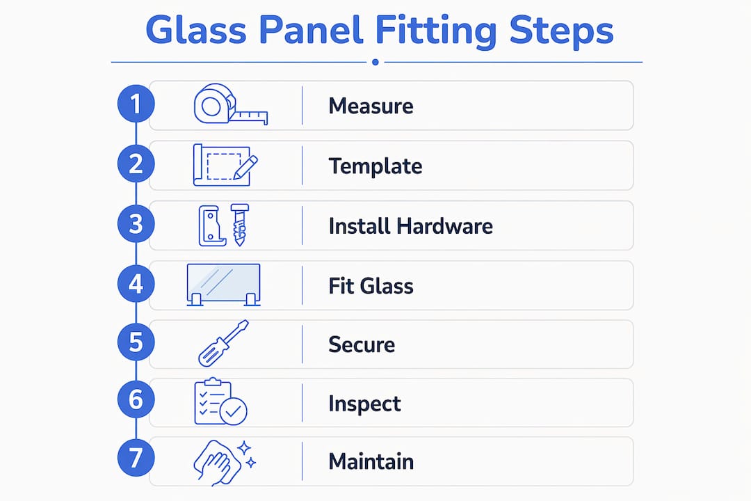 Infographic outlining glass panel fitting steps