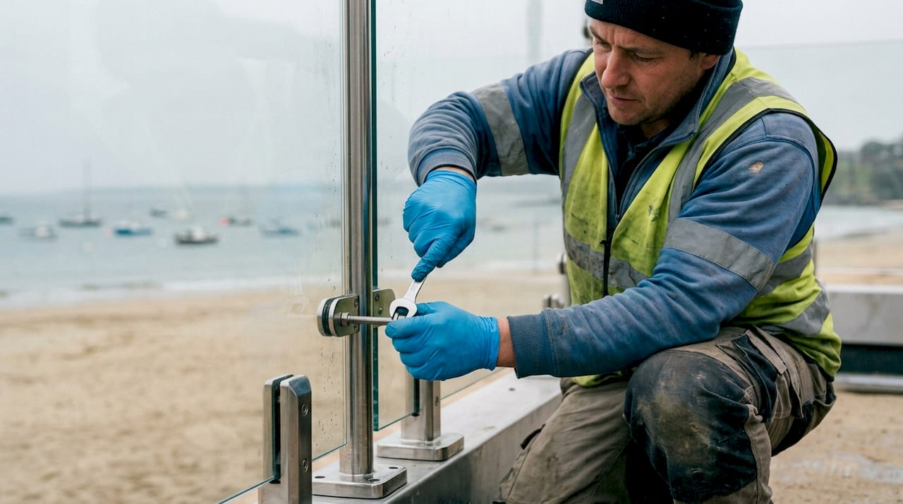 Hands tightening stainless steel hardware on glass railing