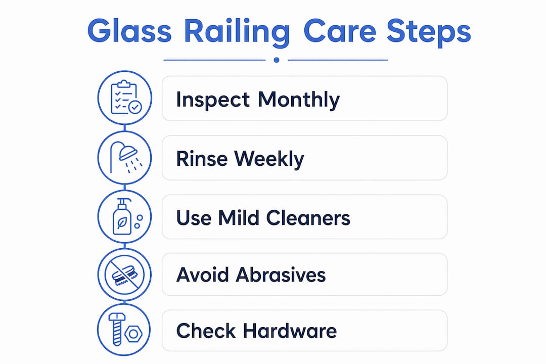 Infographic showing maintenance steps for coastal glass railings