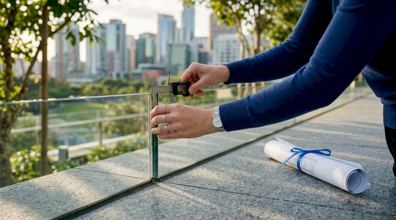 Architect measuring glass railing guard height